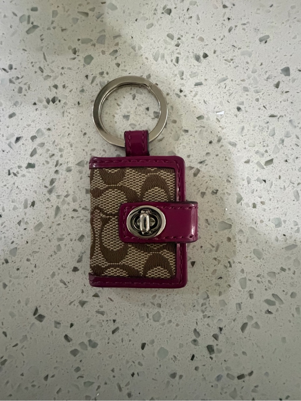 Coach Signature Canvas Key Ring Wallet in Brown and Magenta